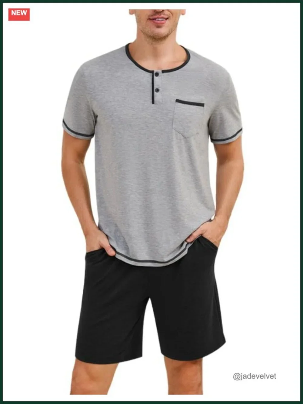 Men's Cotton Pajama Set Short Sleeve Henley Pjs Summer Sleepwear with Pockets